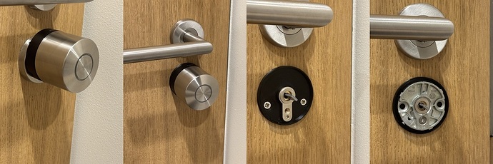 Nuki Ultra mounted on a standard eurolock plate; Nuki Ultra mounted using the low profile eurolock plate; 3d printed plate and the Nuki Ultra mounting plate